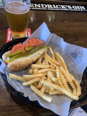 "Chicago style" hot dog with fries.