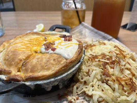 Breakfast pot pie with hash browns and iced tea