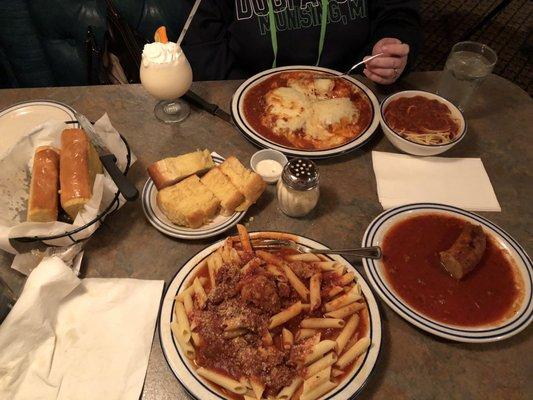 Mostaccioli with meatball, Italian sausage, spaghetti, chicken giovani and better bread than even the Casa!