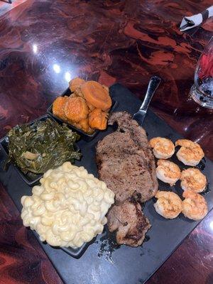 surf and turf with mac & cheese, collard greens, and candy yams.