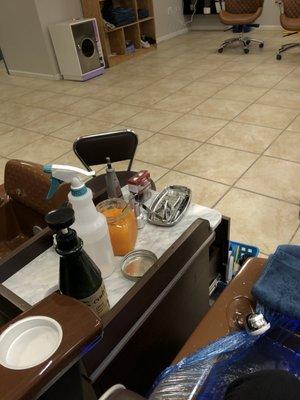 all of the tools for a pedicure that have been cleaned and sanitized for me! love the scrub :-)