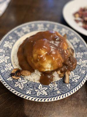 Loco Moco with sautéed onions and mushrooms