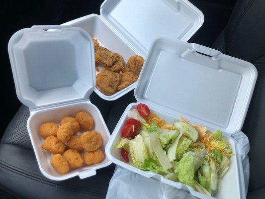 To-go Corn nuggets Fried green tomatoes Salad