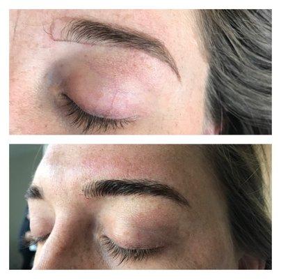 Before and after 1st session of microblading