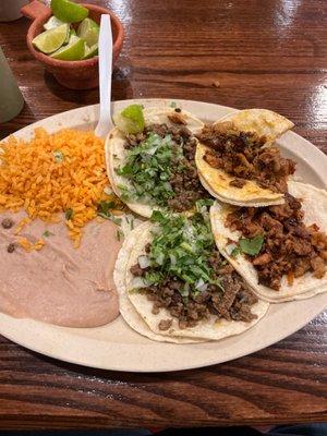 2 Al Pastor and 2 Asada with rice and beans