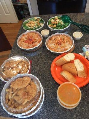 Chicken Fingers, pasta, and Caesar salad