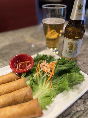 Egg rolls and Singha Thai beer