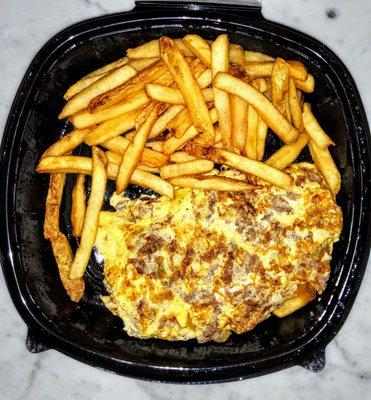 Philly Cheesesteak Omelette: Thin sliced steak with American cheese, fried onions, diced and mixed with eggs. & 13.95