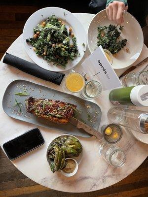 Ribs, artichokes and kale caesar salad