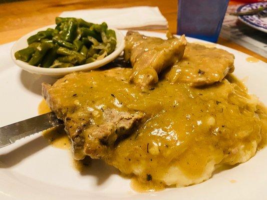 Smothered Pork Chops - Mashed Potatoes - green beans