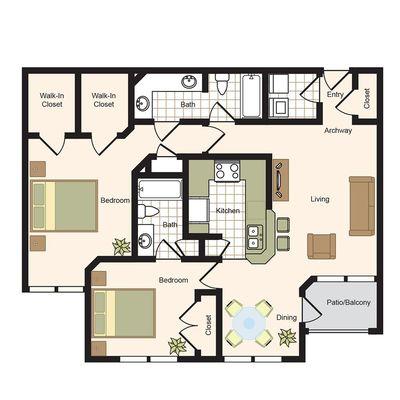 B Floor Plan
2 Bedroom 2 Bathroom 
1,171 Sq.Ft.
Call us today to schedule a tour of this floor plan:  (713) 613-9000