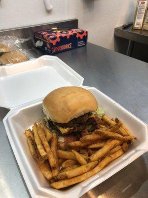 Burgers, hand battered chicken strips, pizza and shrimp po-boys