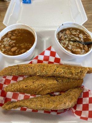 Three pieces of catfish, gumbo, and red beans and rice