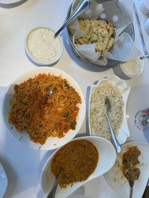 Garlic Chicken, Chicken Biryani, Baigan Bhartha, Raita