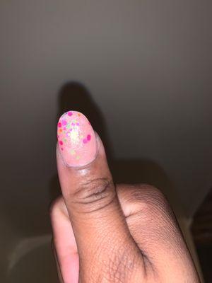 Used my child's glitter polish to cover up the smudge. Already been there 3 times to fix same nail