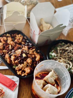 C11. House Spicy Chicken, A6. Pork Dumplings in Hot Chili, A10. Dan Dan Warm Noodles with Minced Pork, A4. Crab Rangoon, White Rice