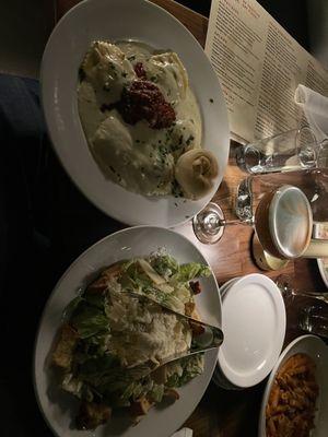 The Lobster Ravioli and the Caesar salad