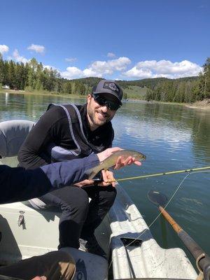 Fly fishing with Boots!  Caught a Snake River spotted trout!