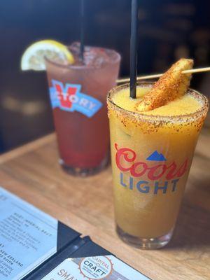 Strawberry lemonade and frozen mango-chili cocktail