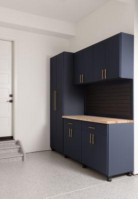 Navy garage cabinets