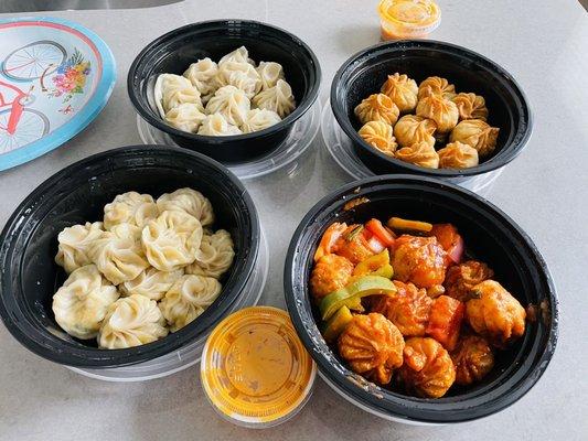 Juicy Pork Momo, Juicy Veggie Momo, Street Veggie Momo, and Chilli Chicken Momo