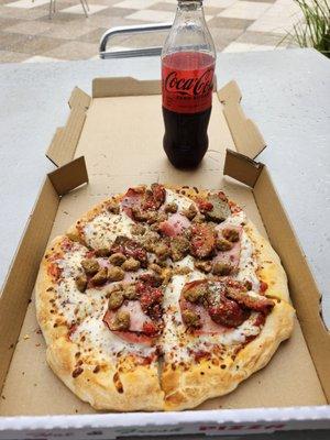 Best Pizza in Town with Beer in the Dough! Ham, Sausage, & Meatball with a Coke Zero!