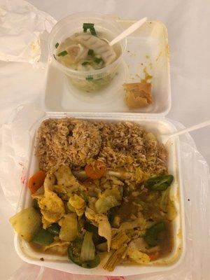 Curry chicken, fried rice, egg drop soup