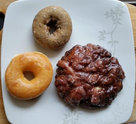 Glazed donut, blueberry cake donut ($0.75 ea w/ tax), apple fritter ($1.35 w/ tax)