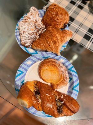 Almond croissant, chocolate croissant, plain croissant, pair danish and chocolate twist