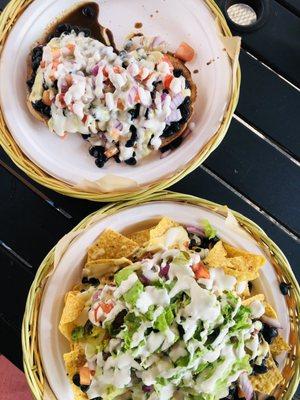 Chili dog (top) and jackfruit nachos (bottom)! Yum.