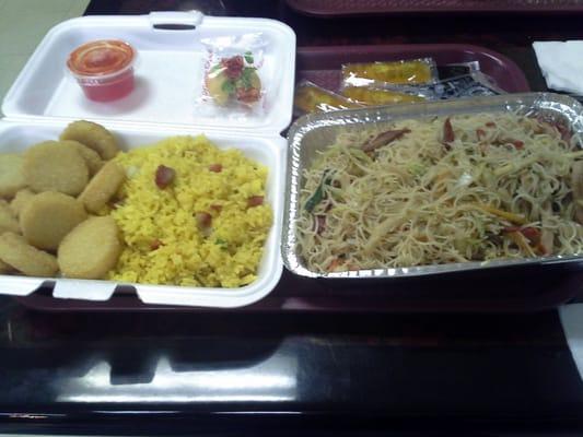 Fried scallops, pork fried rice, and roast pork chow mei fun.