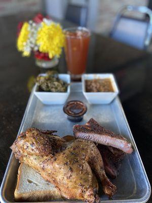 1/2 Chicken and Ribs Platter with Collards, Pinto Beans or Potato Wedges