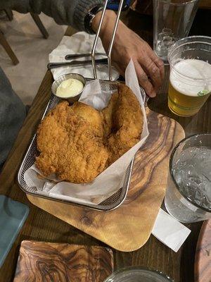 Largest chicken tender on bed of French Fries