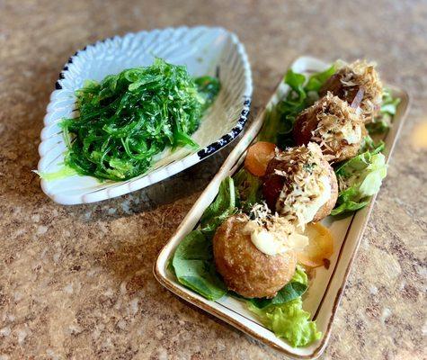 Appetizers: Takoyaki & Seaweed Salad