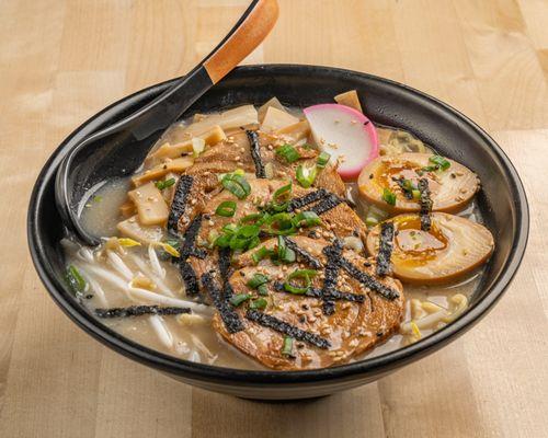 The famous and mouth-watering Tonkotsu Ramen with our slow cooked pork chashu