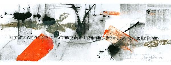 Poem fragment, monoprint, charcoal, pen lettering.