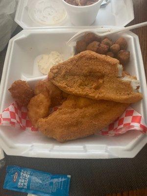 Catfish filet and fried shrimp w/red beans and rice, fried okra