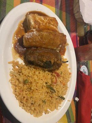 Choose 3 entree: 1 chicken chimichanga, 1 beef Chile relleno, 1 pork tamale, double rice (no beans)