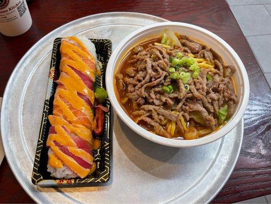 Sushi and beef noodles