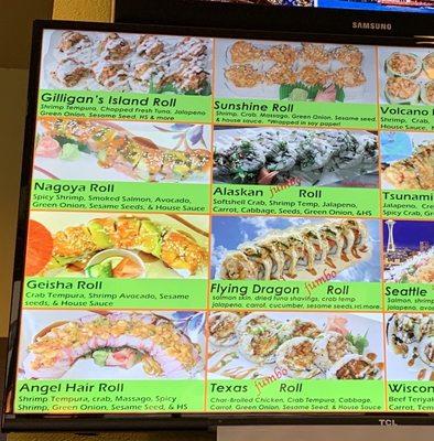 Sushi menu with ingredients in rolls