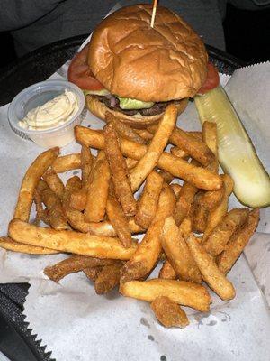 4/9/24.  Chopped burger and battered fries served with mayo and a pickle.