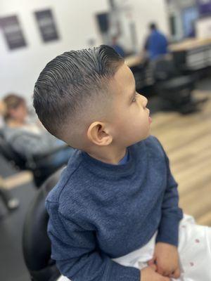 Bald fade, comb over with hard part