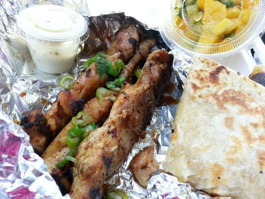 Ole' Bird skewers with mango salsa and Malaysian Roti Prata pancake