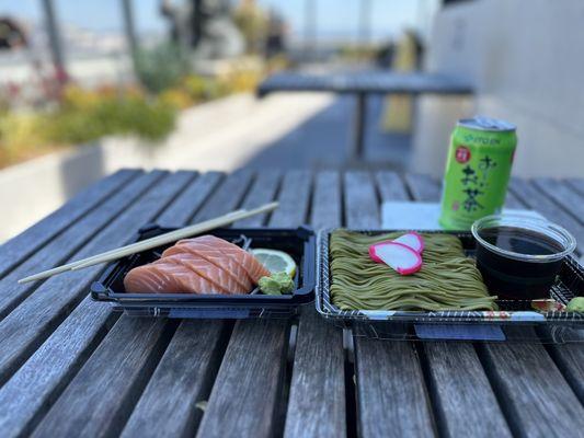 Sake sashimi, chilled soba noodles