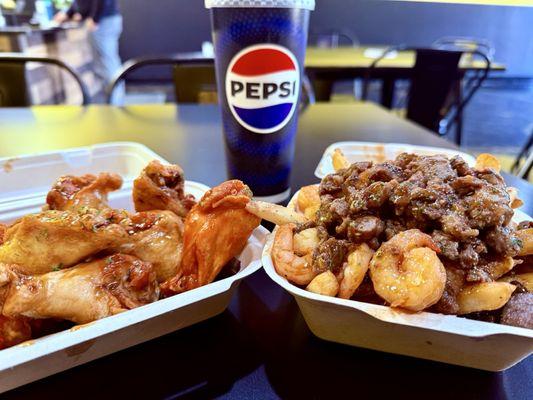 10 Wings 2 Sauces & 2 Dips  Shrimp & Steak fries