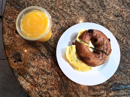 Breakfast Sandwich: egg and cheese on a cinnamon bagel