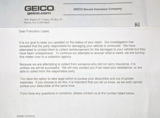 Letter husband received from GEICO