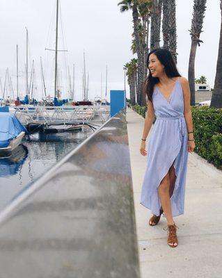 $55 blue and white striped wrap dress, with shorts attached underneath