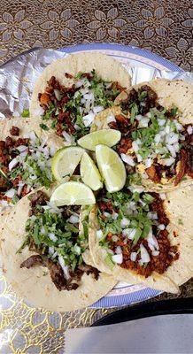 Top left and middle: Al pastor tacos; top right: campechino taco; bottom left: carne asada taco; bottom right: chorizo taco