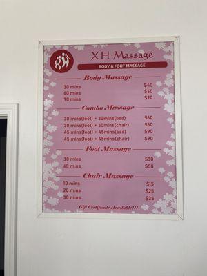 Massage menu